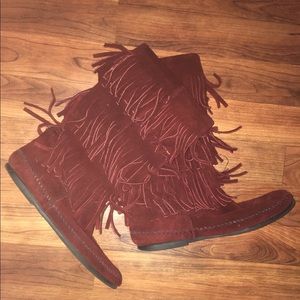 Burgundy Minnetonka Fringe Boots